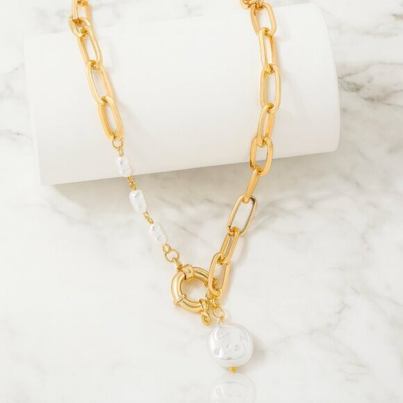 “CHARLOTTE” - Elegant gold plated pearl link necklace - Picture 2 of 2